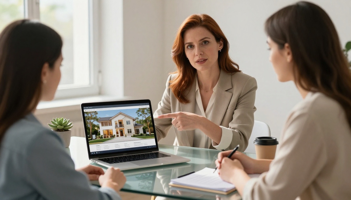 A real estate agent in a professional blazer showing a digital property flipbook on her laptop to a young couple across a glass desk, natural office daylight from a side window