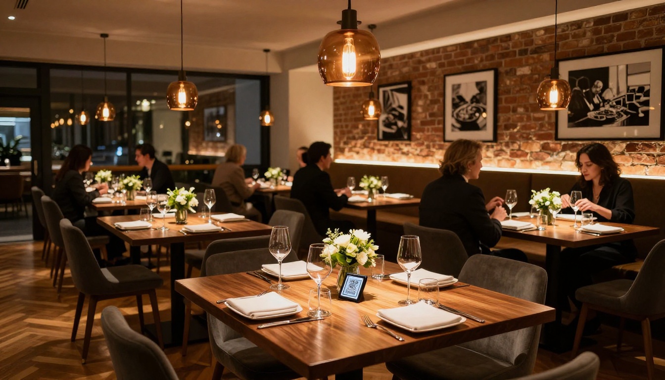 Upscale modern restaurant dining room with digital menu stands on tables Upscale modern restaurant dining room with digital menu stands on tables