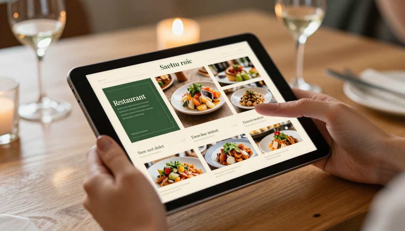 Person's hands swiping through digital restaurant menu on tablet device Person's hands swiping through digital restaurant menu on tablet device