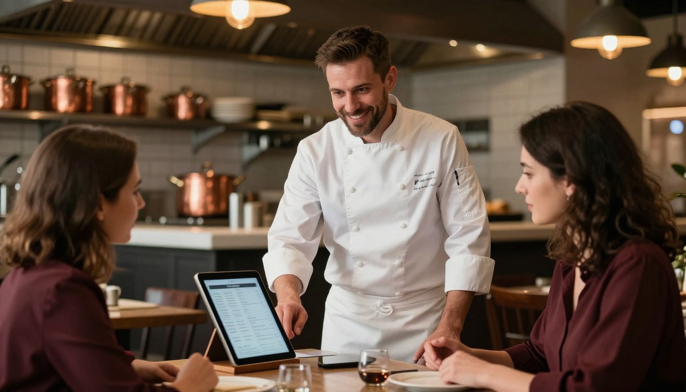Chef in white coat presenting digital menu on tablet to restaurant customer Chef in white coat presenting digital menu on tablet to restaurant customer