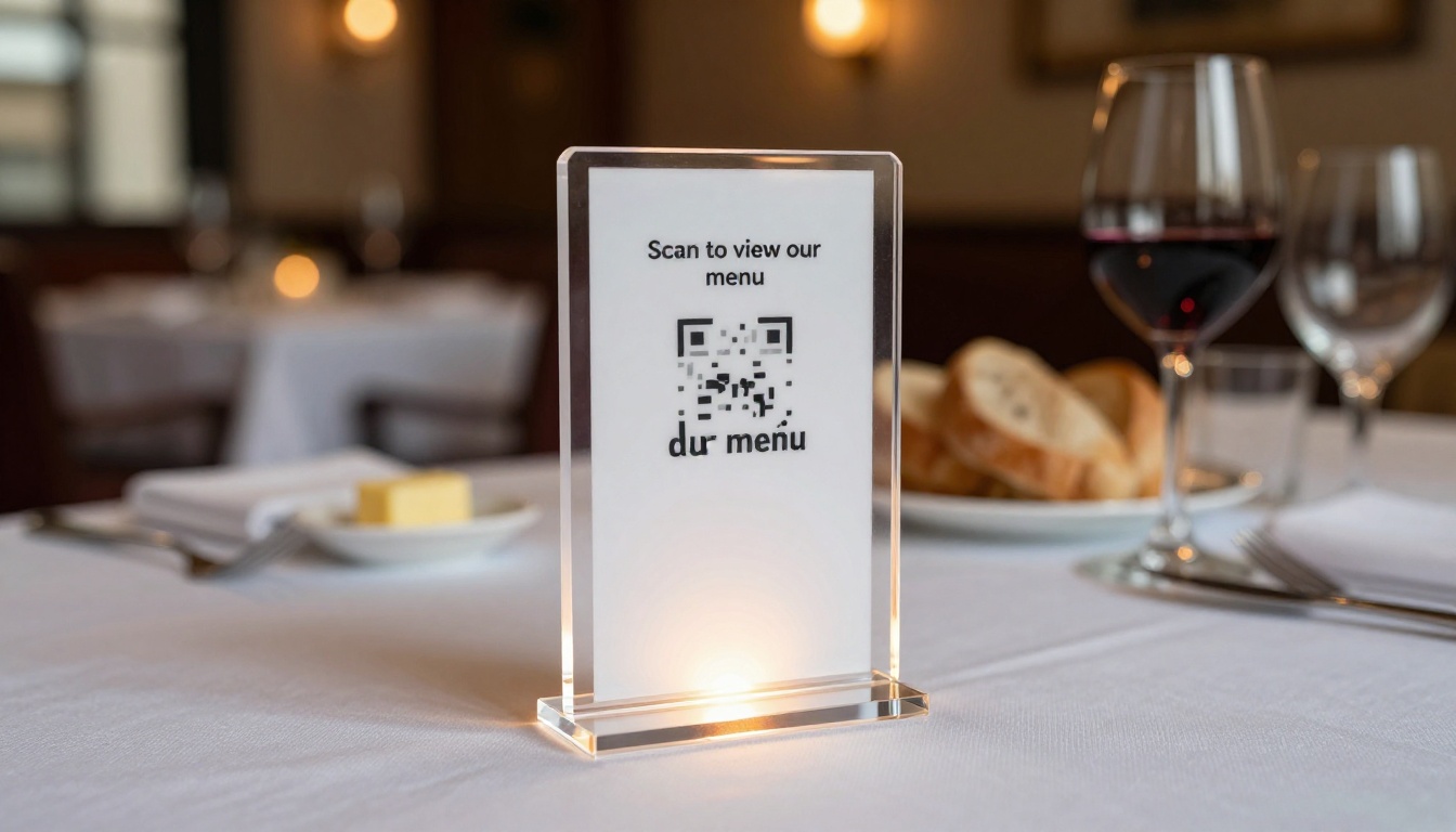 Elegant QR code menu stand on restaurant table with bokeh candlelight background Elegant QR code menu stand on restaurant table with bokeh candlelight background