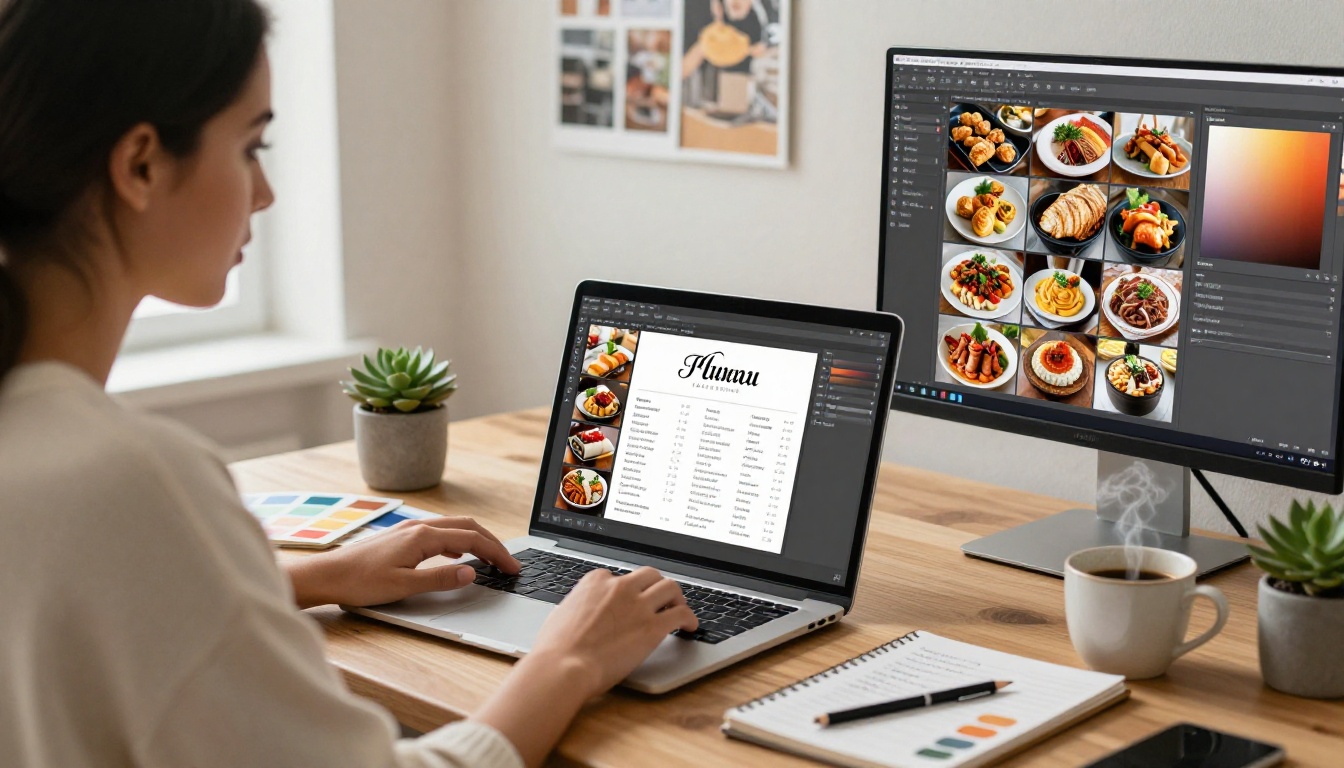 Graphic designer working on restaurant menu catalog design on laptop at desk Graphic designer working on restaurant menu catalog design on laptop at desk