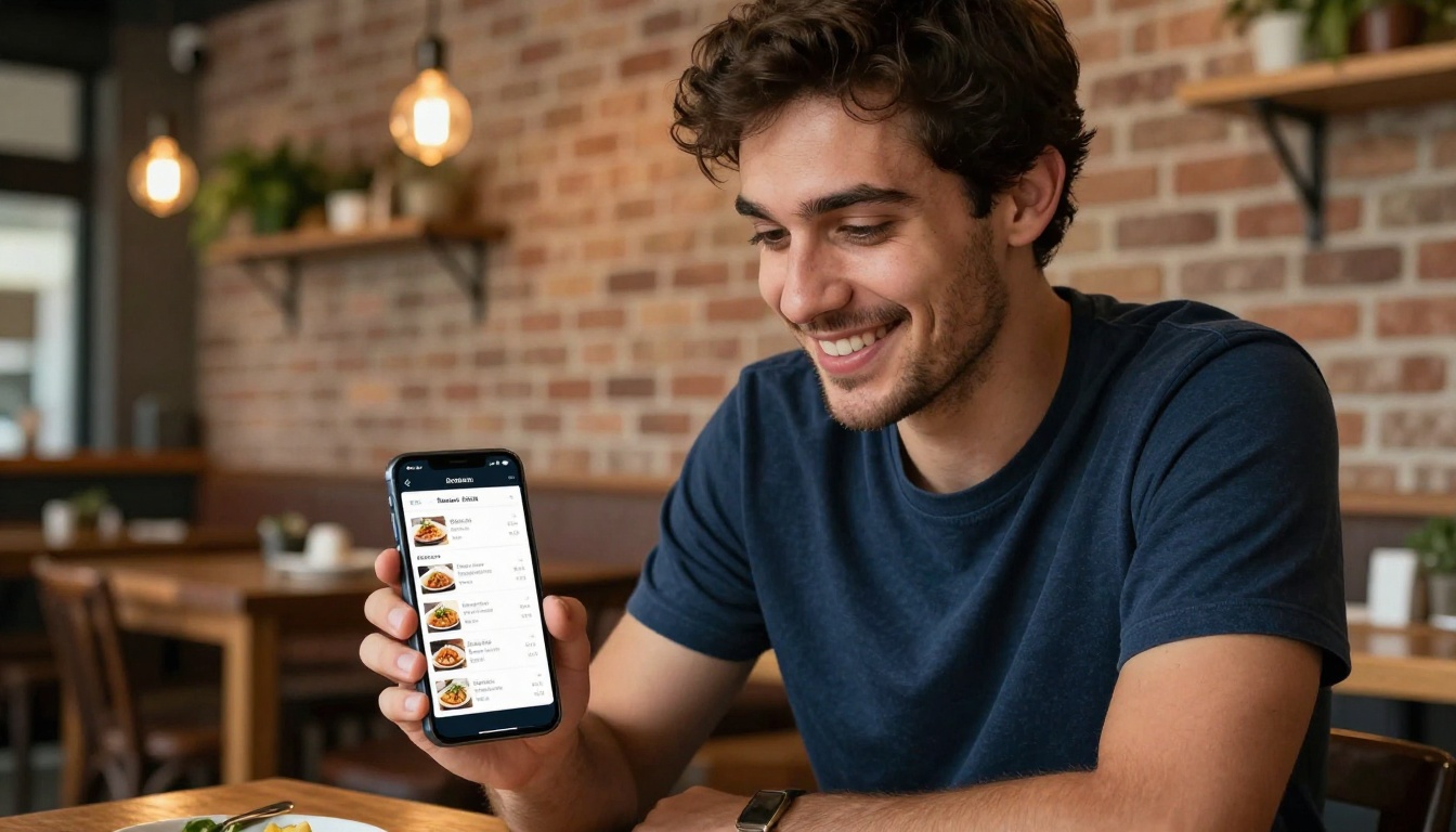 Customer browsing restaurant menu on smartphone at casual brick-walled restaurant Customer browsing restaurant menu on smartphone at casual brick-walled restaurant