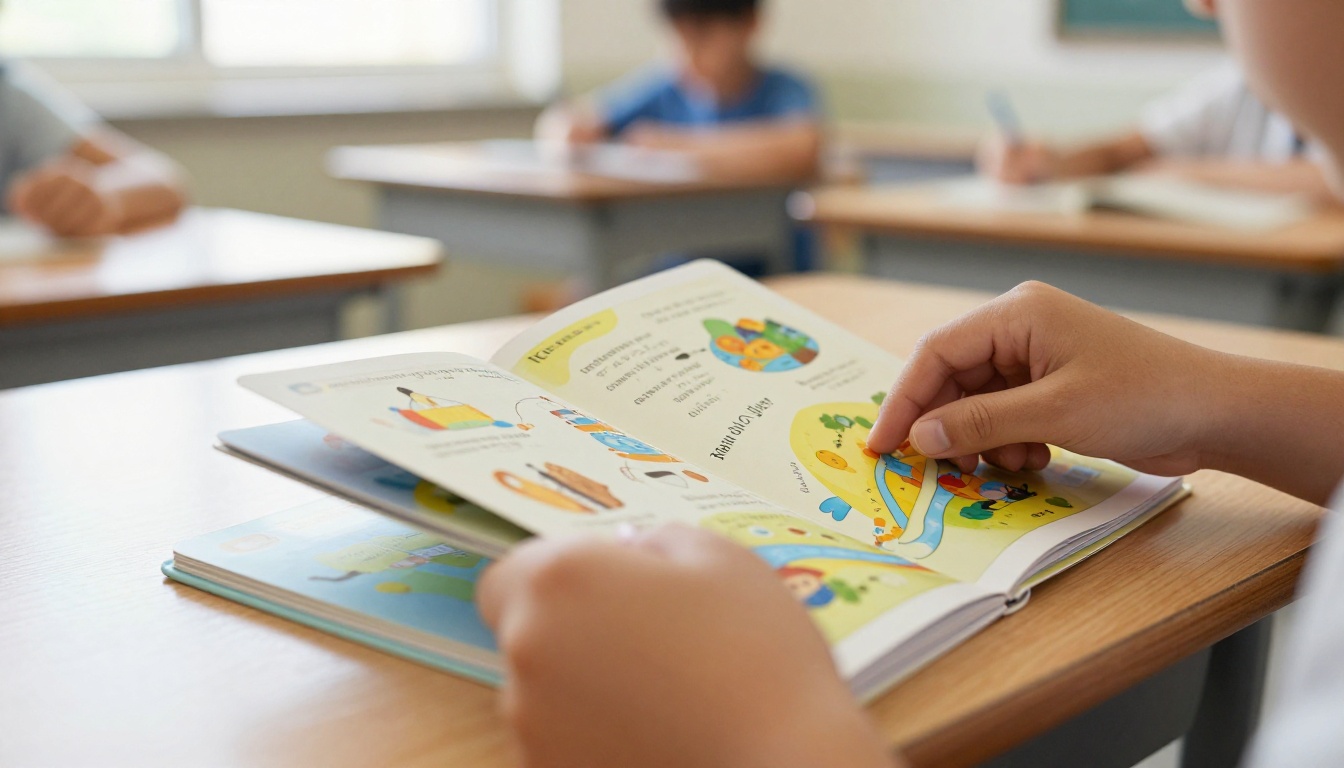 Close-up of a student's hands turning the page of a colorful educational flipbook Close-up of a student's hands turning the page of a colorful educational flipbook