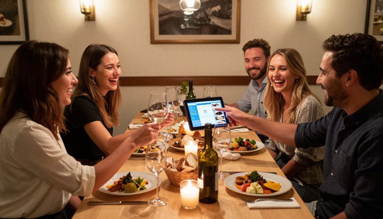 Group of happy friends at restaurant table toasting wine glasses, one holding tablet showing digital dessert catalog Group of happy friends at restaurant table toasting wine glasses, one holding tablet showing digital dessert catalog