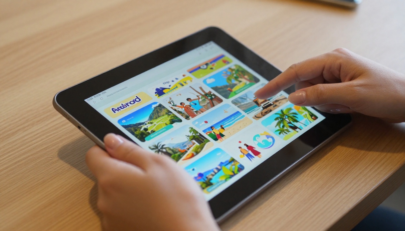Close-up of hands holding a tablet displaying an animated flip brochure mid page-curl with vivid travel photography Close-up of hands holding a tablet displaying an animated flip brochure mid page-curl with vivid travel photography
