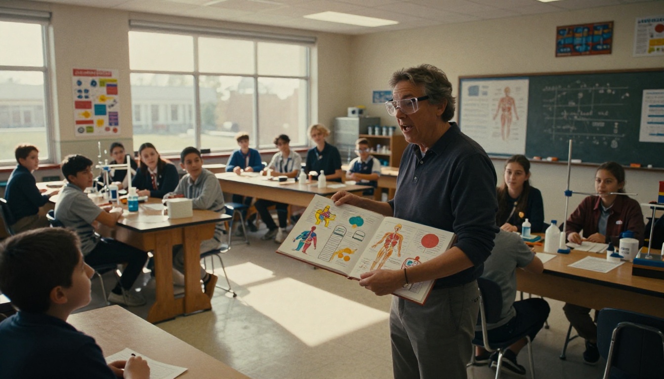 Science teacher holding up an open flipbook showing colorful human body diagrams to attentive students Science teacher holding up an open flipbook showing colorful human body diagrams to attentive students