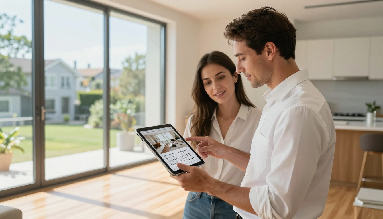 A real estate agent showing an animated property brochure on an iPad to a young couple in a sunlit modern apartment A real estate agent showing an animated property brochure on an iPad to a young couple in a sunlit modern apartment