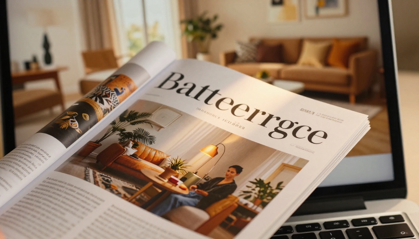 Laptop screen showing a beautifully designed digital magazine cover with realistic page edges, warm golden light, photorealistic