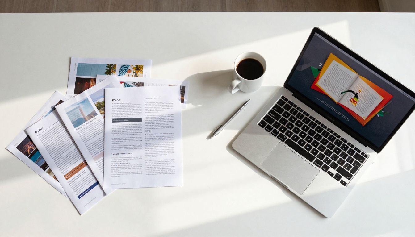 Aerial flat lay of a desk with printed brochures on one side and a MacBook showing a vibrant animated digital brochure on the other Aerial flat lay of a desk with printed brochures on one side and a MacBook showing a vibrant animated digital brochure on the other