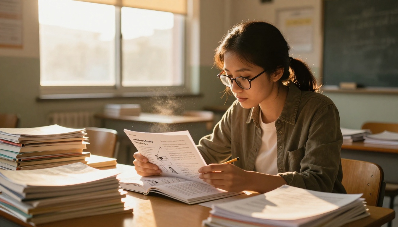 Female high school English teacher at her desk reviewing a literary study guide flipbook, glasses on, pencil in hand Female high school English teacher at her desk reviewing a literary study guide flipbook, glasses on, pencil in hand
