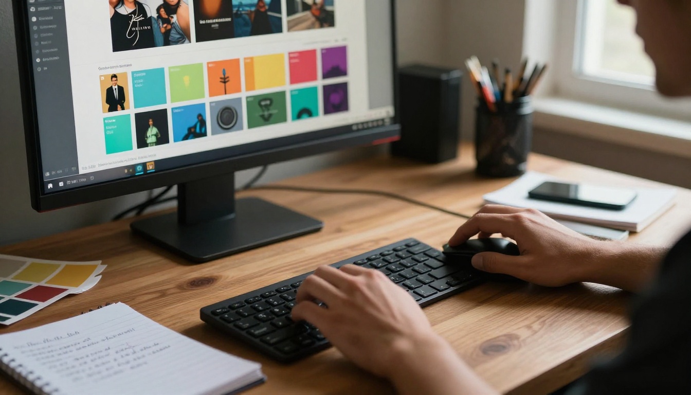 Creative professional customizing magazine branding with color palette and logo upload on screen, warm afternoon directional light, photorealistic