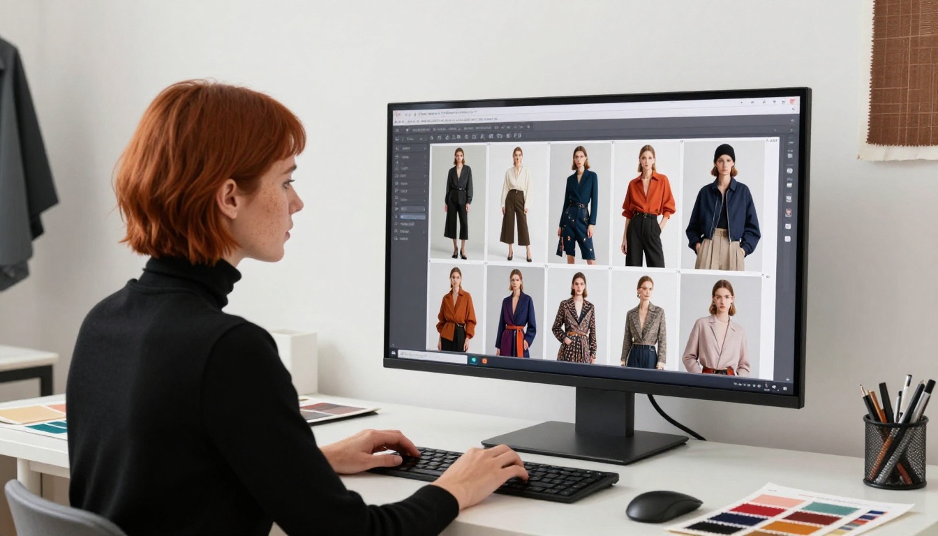 A fashion designer sitting at a designer desk viewing an animated lookbook on a large ultrawide monitor in a bright studio A fashion designer sitting at a designer desk viewing an animated lookbook on a large ultrawide monitor in a bright studio
