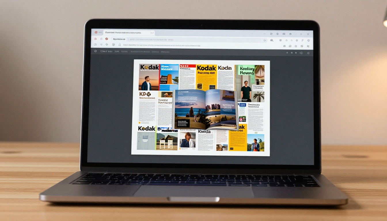 Browser-based flipbook creator interface showing colorful magazine pages mid-turn on a modern laptop screen Browser-based flipbook creator interface showing colorful magazine pages mid-turn on a modern laptop screen