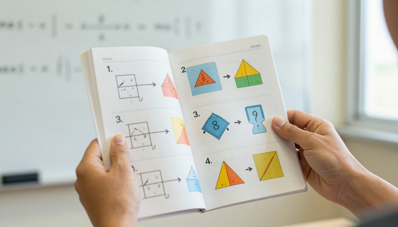 Math teacher's hands holding an open flipbook showing step-by-step fraction problem solving with colorful diagrams Math teacher's hands holding an open flipbook showing step-by-step fraction problem solving with colorful diagrams