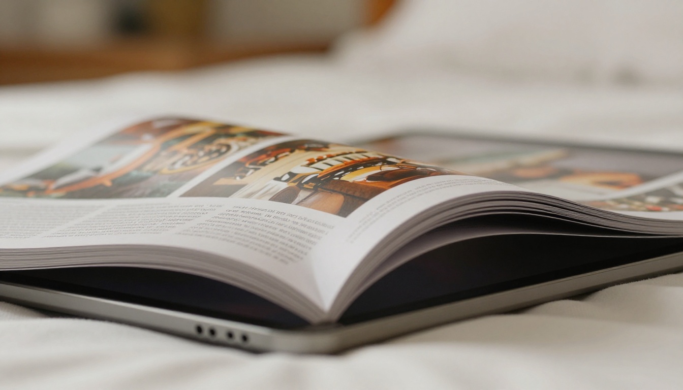Extreme macro close-up of a digital magazine page turning mid-flip on tablet, realistic paper texture, soft morning light, Kodak Portra 400