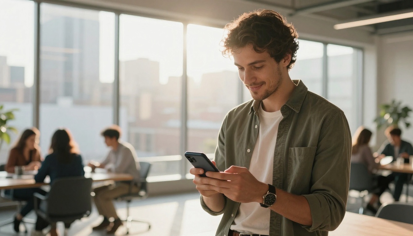 Business professional sharing a digital magazine link on smartphone in a bright modern coworking space, city skyline background, photorealistic