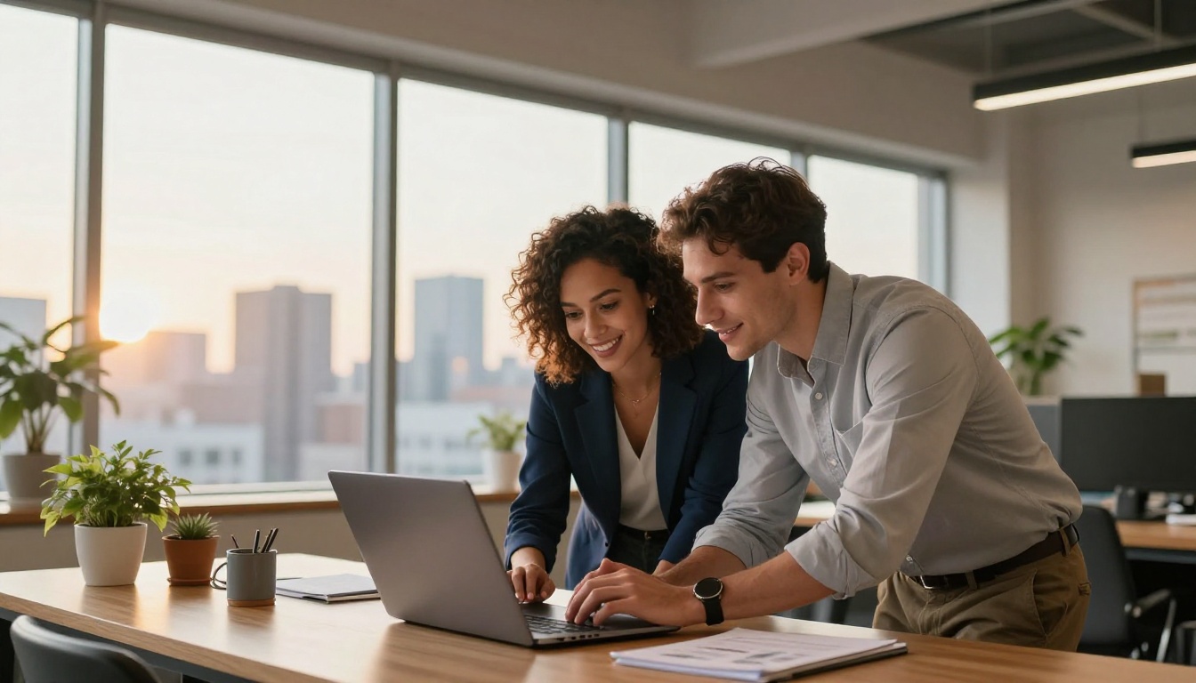 Two professionals leaning over a laptop in a bright modern office, reviewing a digital flipbook together with genuine smiles Two professionals leaning over a laptop in a bright modern office, reviewing a digital flipbook together with genuine smiles