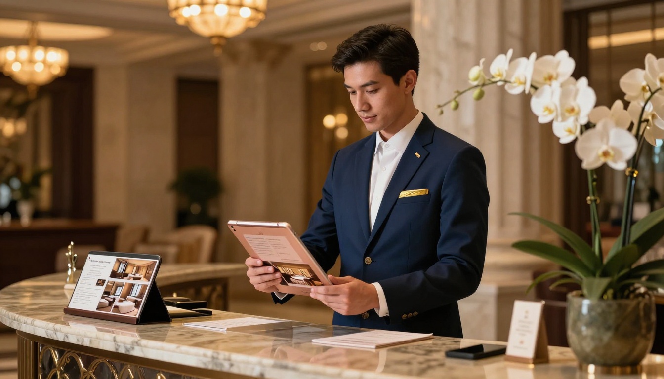 An elegant hotel concierge holding a rose gold iPad showing an animated hotel brochure at a marble reception desk An elegant hotel concierge holding a rose gold iPad showing an animated hotel brochure at a marble reception desk
