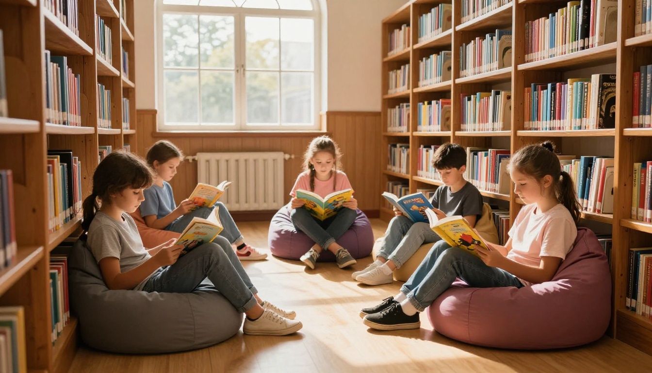 Students relaxing on bean bag chairs in a school library, each reading their own colorful flipbook Students relaxing on bean bag chairs in a school library, each reading their own colorful flipbook