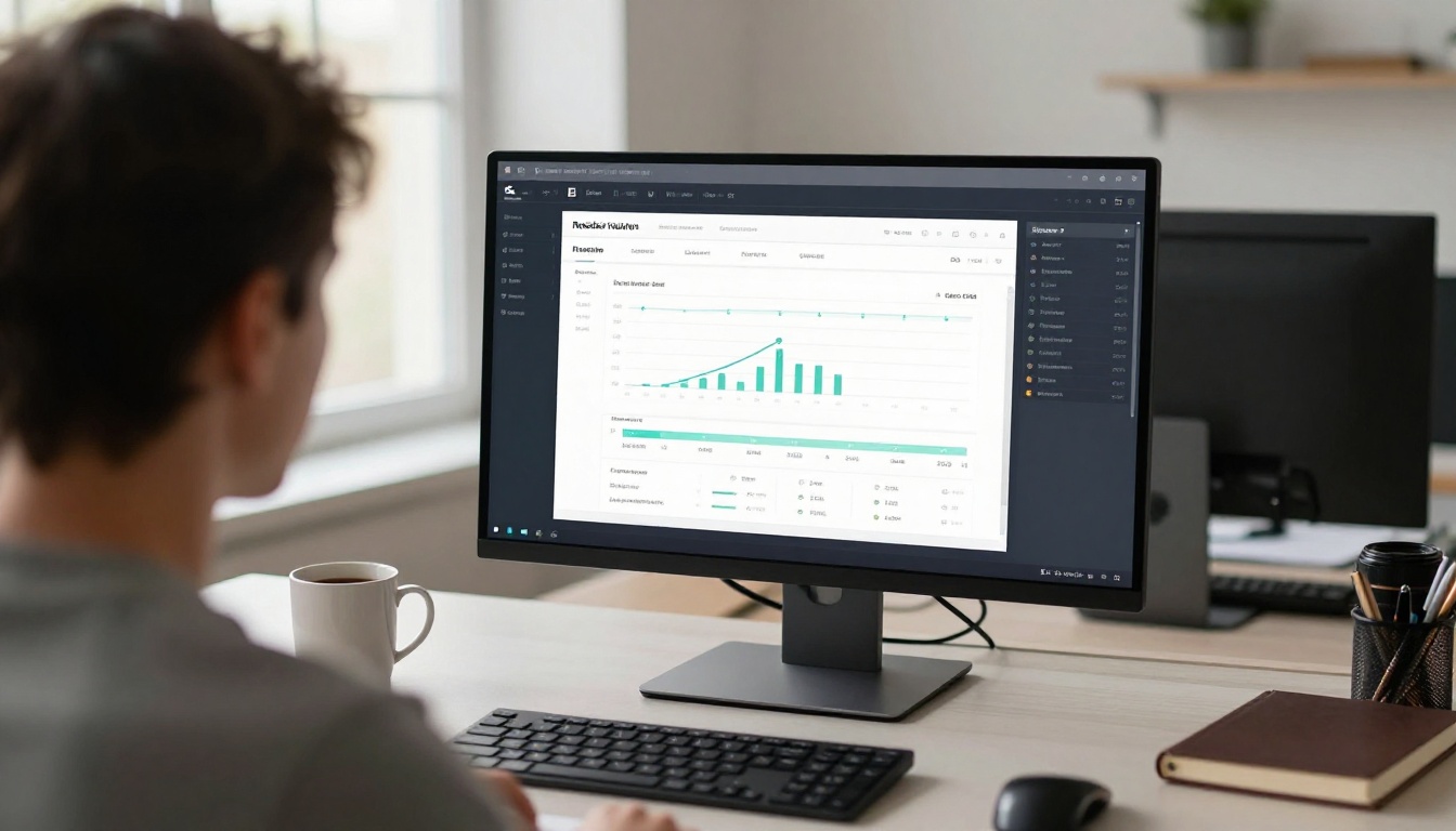 Over-the-shoulder view of person reviewing flipbook analytics dashboard on widescreen monitor, morning light, warm daylight, photorealistic