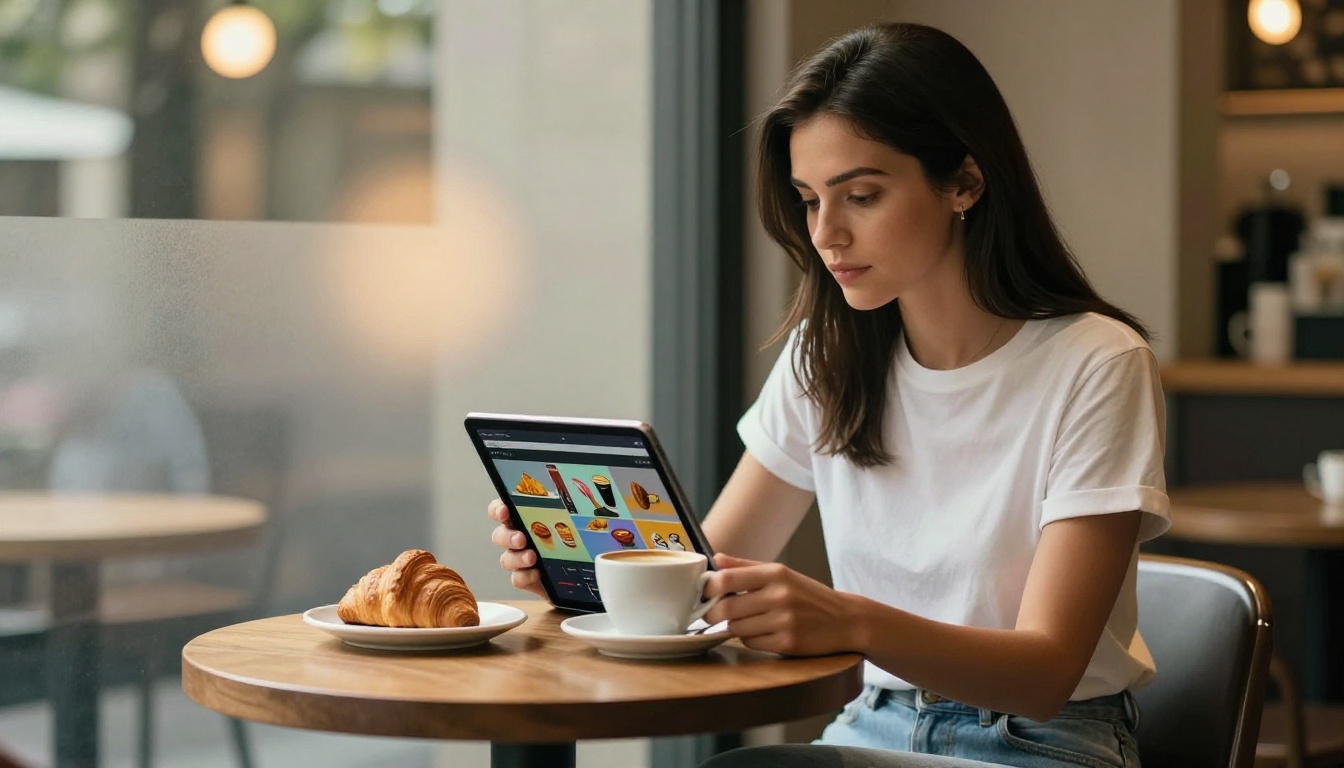 Stylish woman reviewing a vibrant product catalog flipbook on a tablet at a modern coffee shop, warm afternoon light Stylish woman reviewing a vibrant product catalog flipbook on a tablet at a modern coffee shop, warm afternoon light