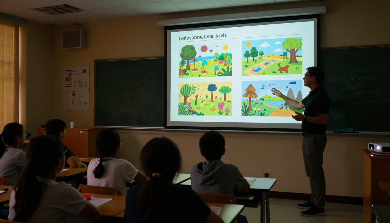 Teacher standing in front of a projected digital flipbook about ecosystems, full classroom of students looking forward Teacher standing in front of a projected digital flipbook about ecosystems, full classroom of students looking forward