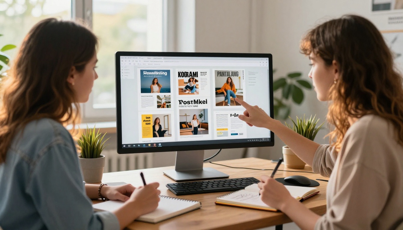 Two young creative women collaborating on a digital magazine design in a bright modern studio, afternoon rim lighting, plants in background, photorealistic