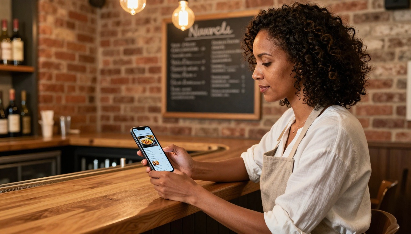 A restaurant owner standing at a wooden bar counter reviewing an animated menu brochure on a smartphone A restaurant owner standing at a wooden bar counter reviewing an animated menu brochure on a smartphone