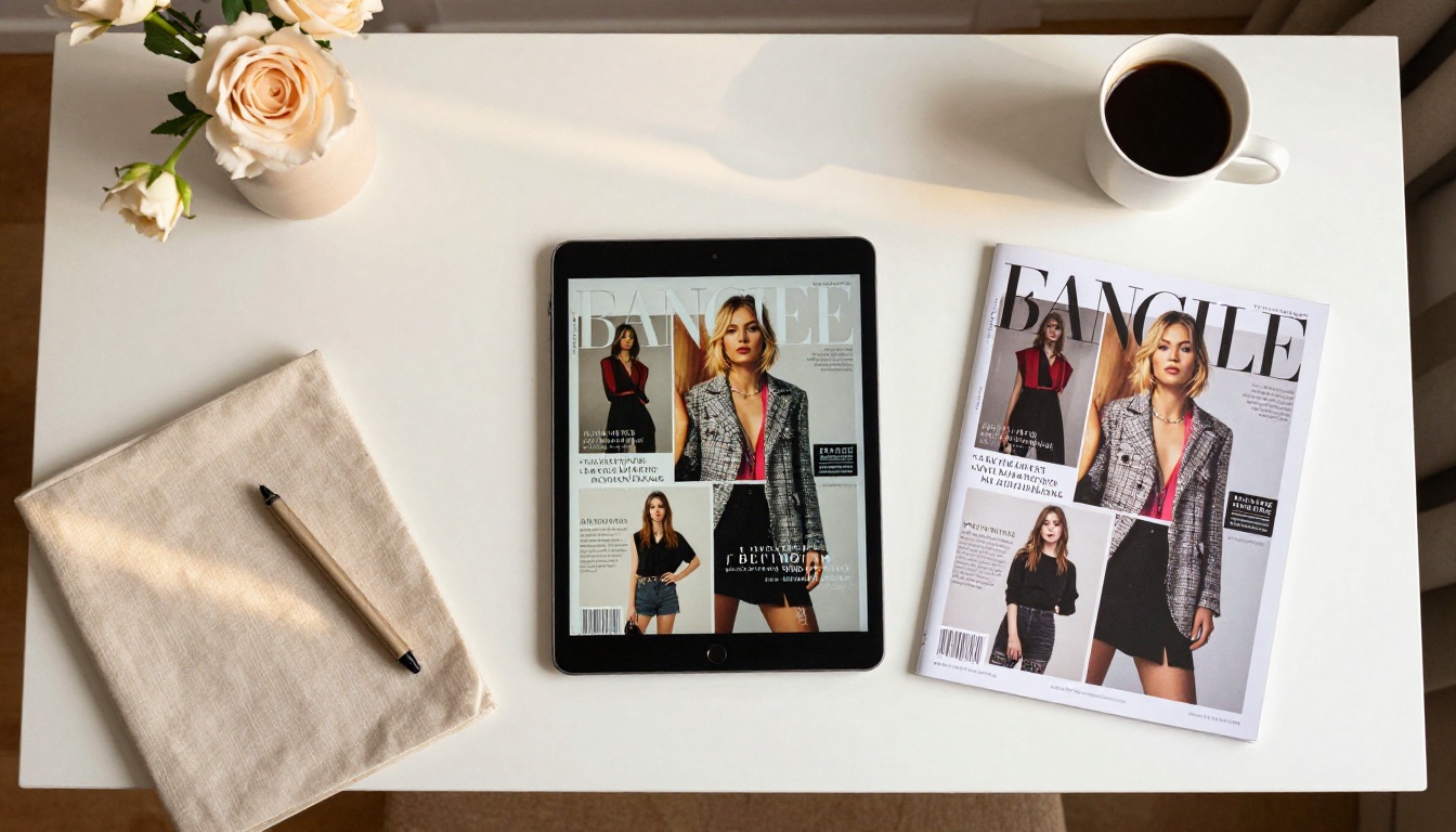 Aerial flat lay of a white minimalist desk with tablet showing a glamour fashion magazine spread beside a printed PDF version, fresh flowers, morning light, photorealistic