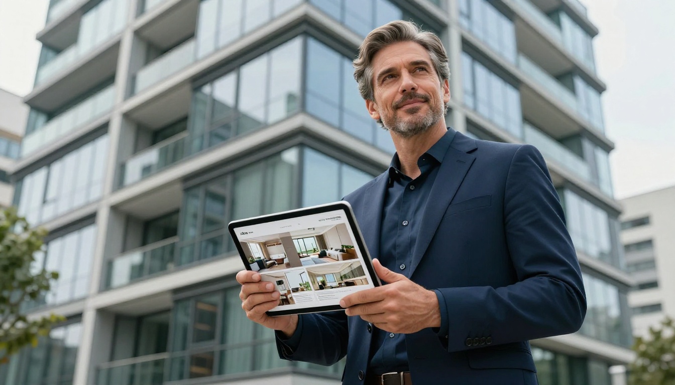 Confident real estate agent holding a tablet showing a digital property brochure flipbook outside a modern glass-and-steel apartment building Confident real estate agent holding a tablet showing a digital property brochure flipbook outside a modern glass-and-steel apartment building