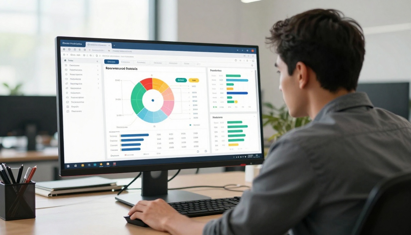 A marketing analytics professional leaning forward in front of a widescreen monitor displaying brochure reader engagement statistics A marketing analytics professional leaning forward in front of a widescreen monitor displaying brochure reader engagement statistics