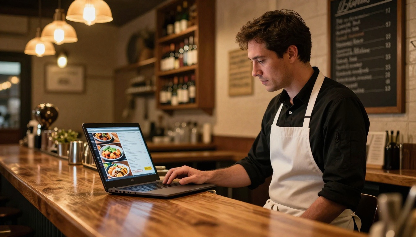 Restaurant owner reviewing a digital menu flipbook on a laptop behind a warm bistro counter, amber pendant lights in the background Restaurant owner reviewing a digital menu flipbook on a laptop behind a warm bistro counter, amber pendant lights in the background