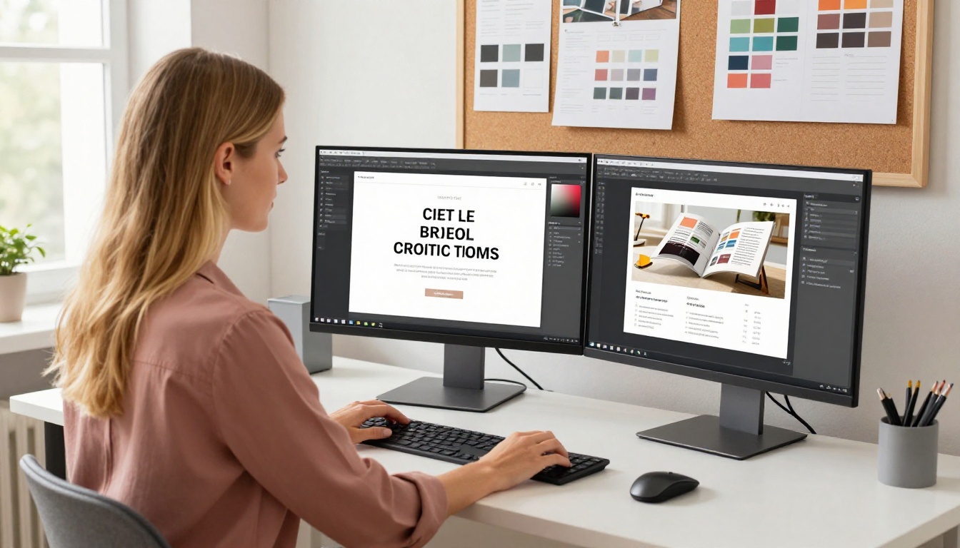 A creative graphic designer customizing brand colors for an animated brochure on a dual-monitor studio setup A creative graphic designer customizing brand colors for an animated brochure on a dual-monitor studio setup