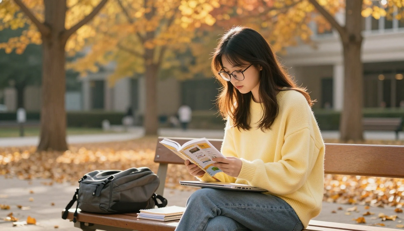 University student with glasses reading an interactive educational flipbook on a laptop on a sunny campus bench, golden autumn trees in background University student with glasses reading an interactive educational flipbook on a laptop on a sunny campus bench, golden autumn trees in background
