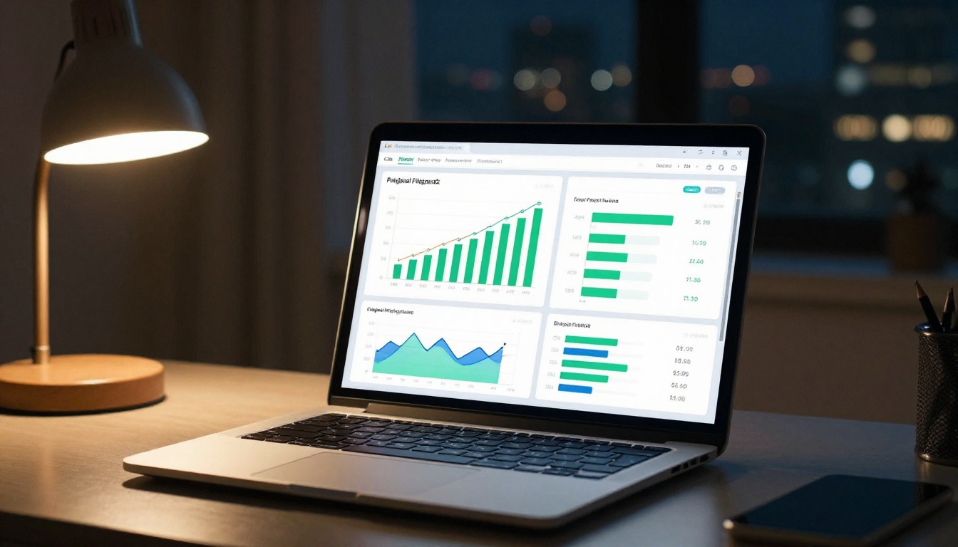 Close-up of a laptop screen displaying flipbook reader analytics with bar charts and page view data in a night home office setting Close-up of a laptop screen displaying flipbook reader analytics with bar charts and page view data in a night home office setting