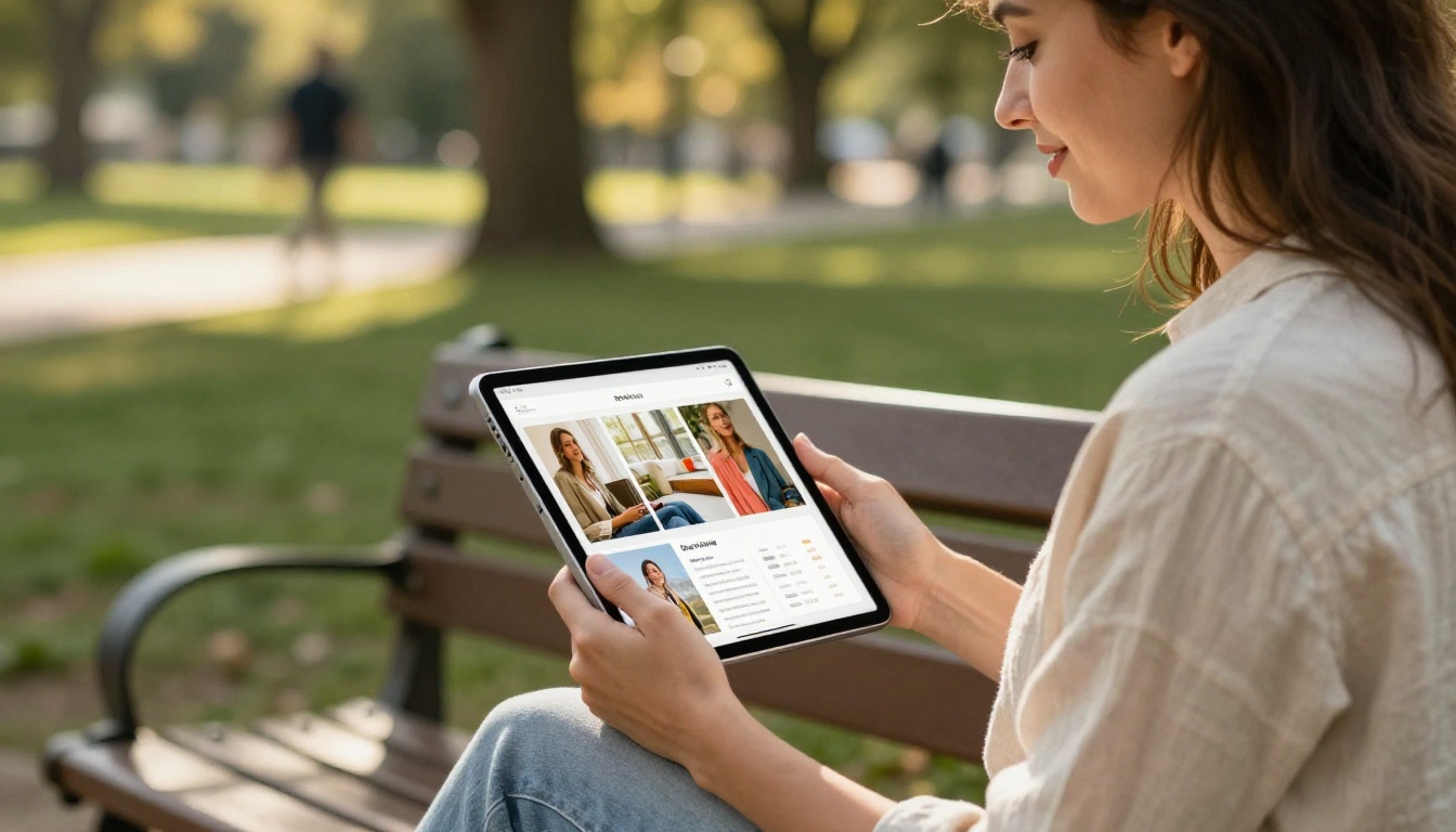 Person reading a flipbook catalog on a tablet outdoors Person reading a flipbook catalog on a tablet outdoors