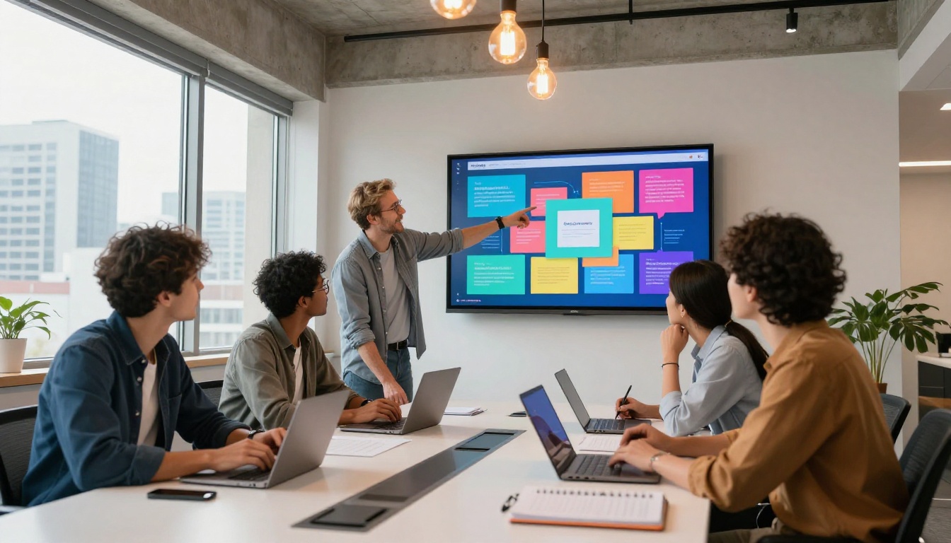 Marketing team collaborating around a shared presentation Marketing team collaborating around a shared presentation