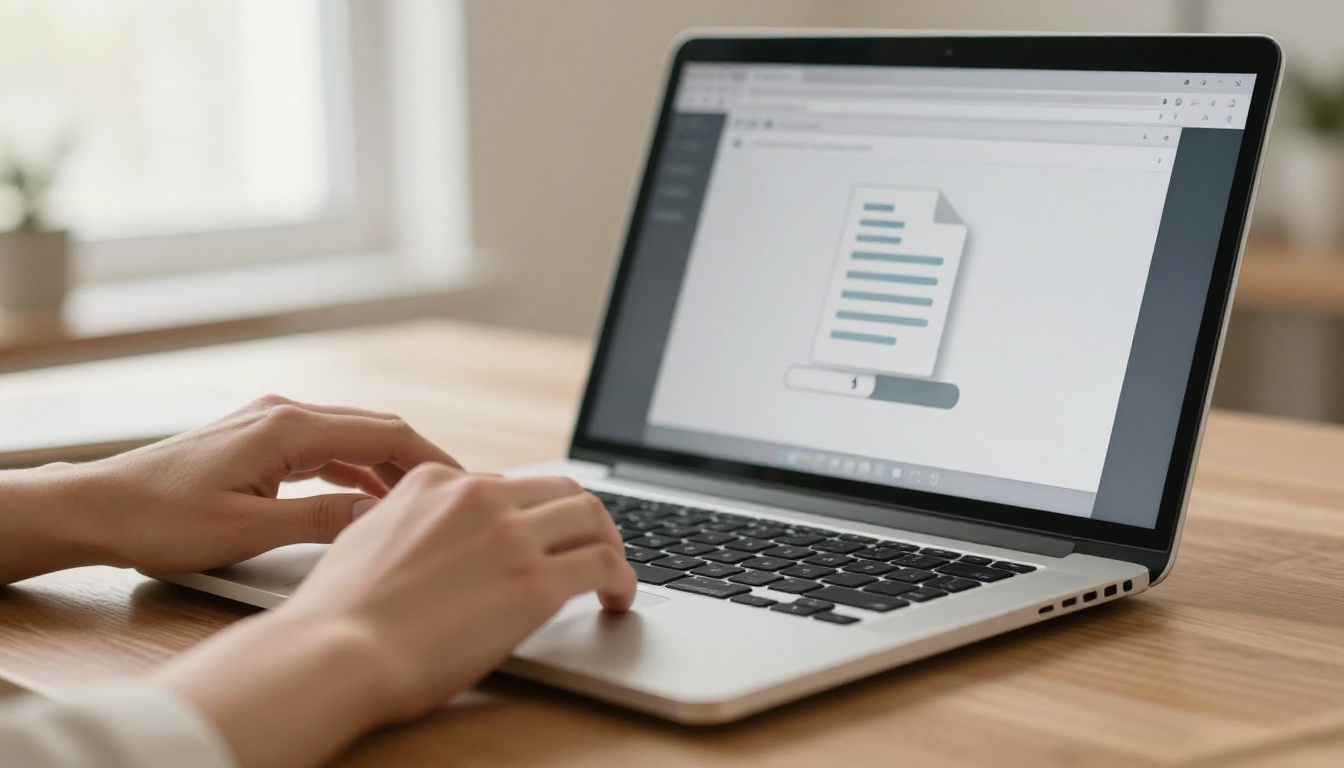 Close-up of hands uploading a PDF file to a flipbook tool on a silver MacBook