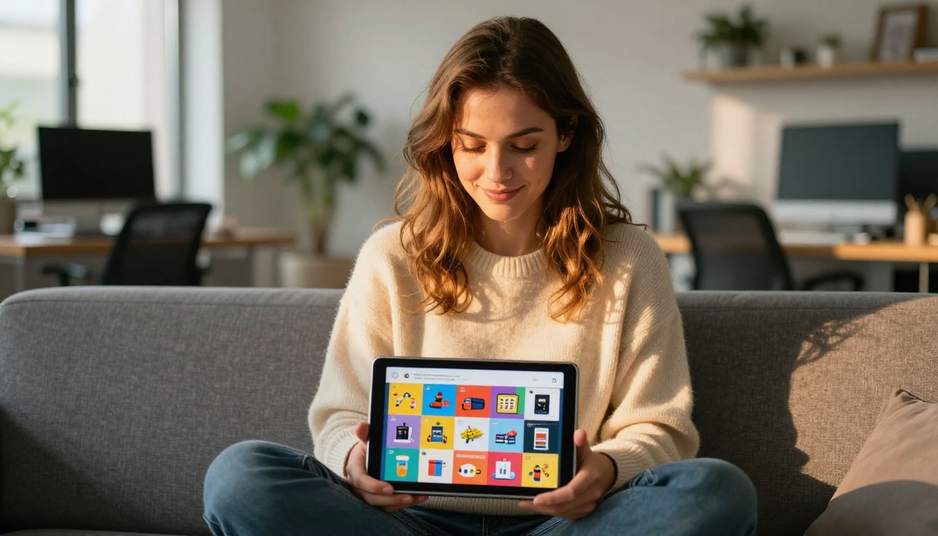 Young woman sitting cross-legged on an office couch browsing a vibrant digital flipbook on a tablet