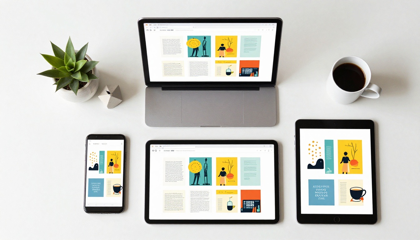 Aerial flat-lay overhead shot of a laptop, phone, and tablet all displaying the same digital flipbook pages