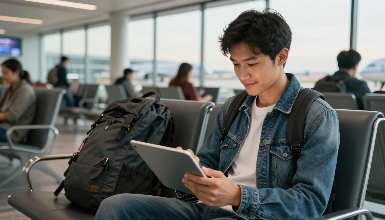 Traveler at airport lounge scrolling through interactive digital travel brochure on tablet