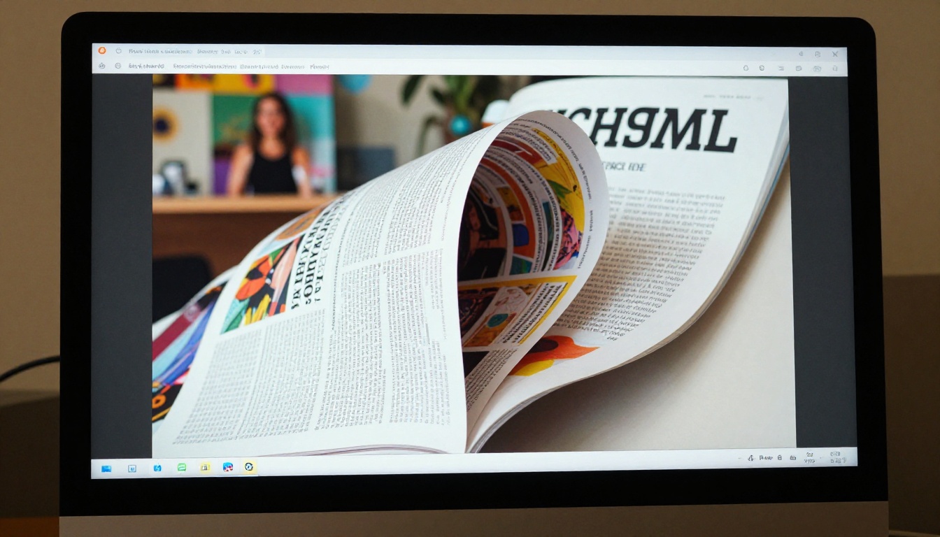 Close-up of a monitor screen displaying a digital flipbook mid page-turn with vivid photography and clean typography