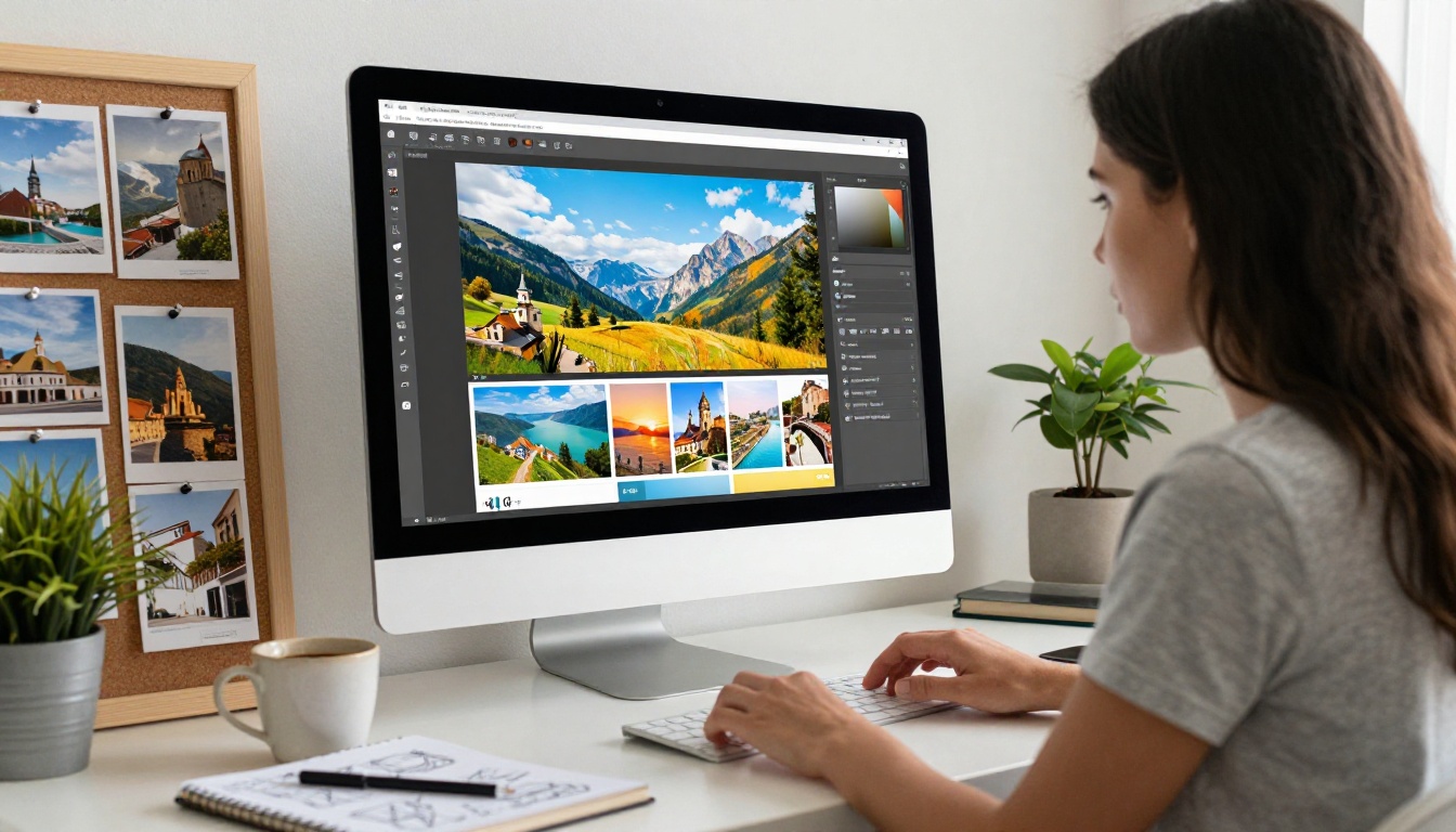 Graphic designer creating travel brochure layout on large iMac screen with mood board and coffee nearby