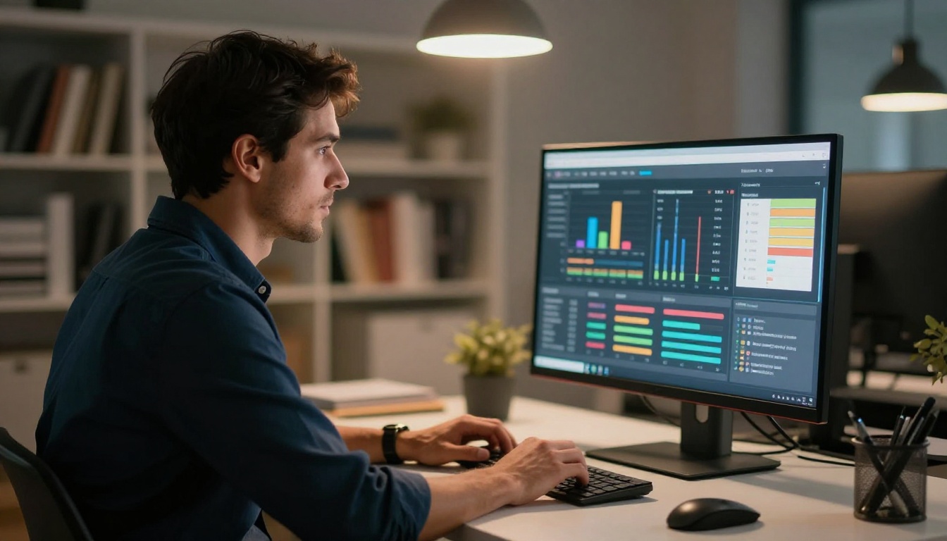 Professional man reviewing an analytics dashboard on a monitor in warm evening office light