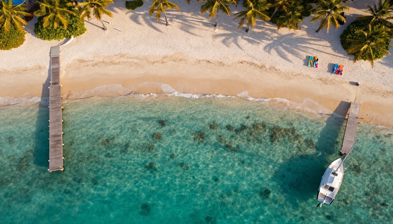 Aerial drone photography of pristine Caribbean beach resort with turquoise water and palm trees at golden hour