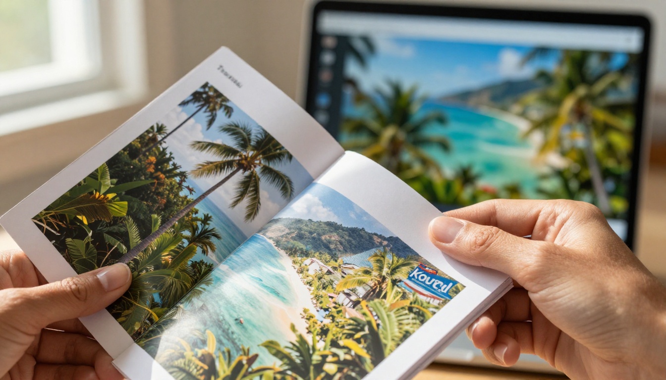 Close-up of hands holding an open printed travel brochure with digital flipbook glowing on laptop in background