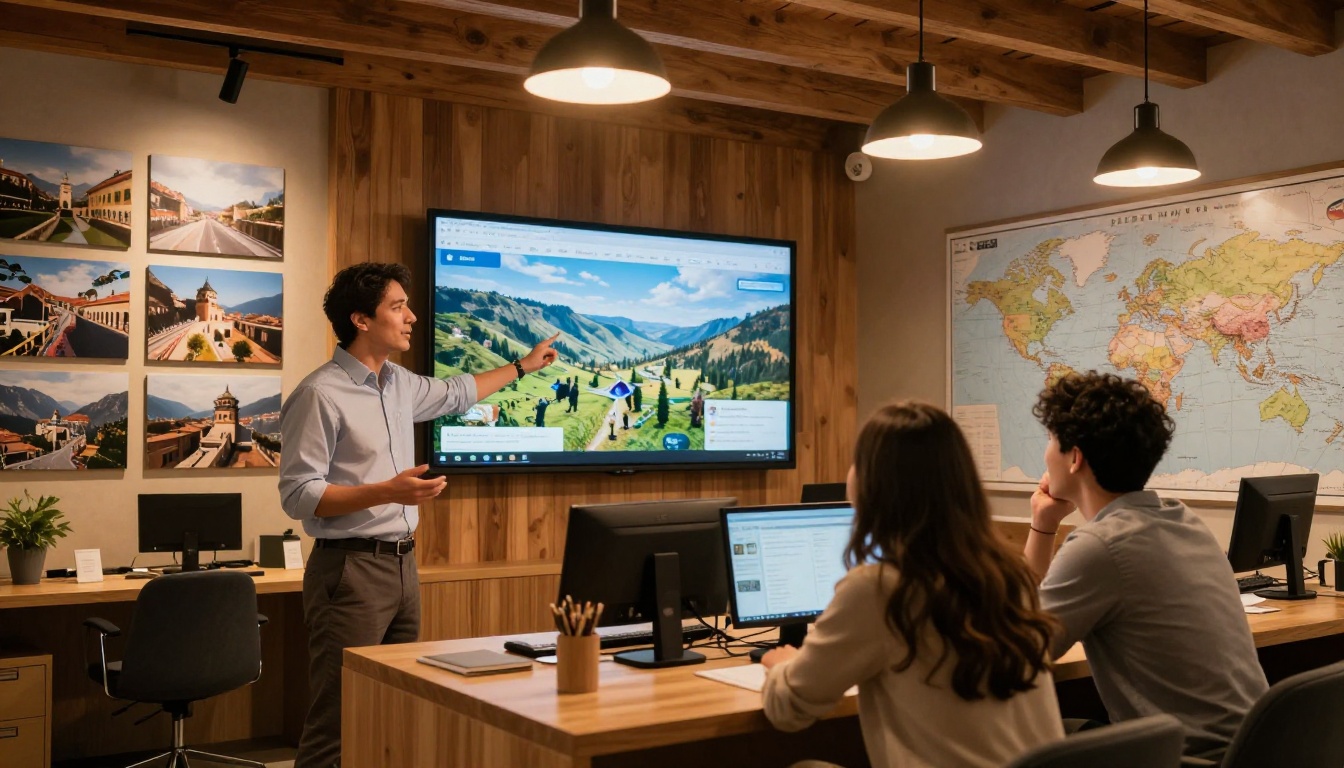 Travel agency consultant presenting destination options on large monitor to excited couple clients