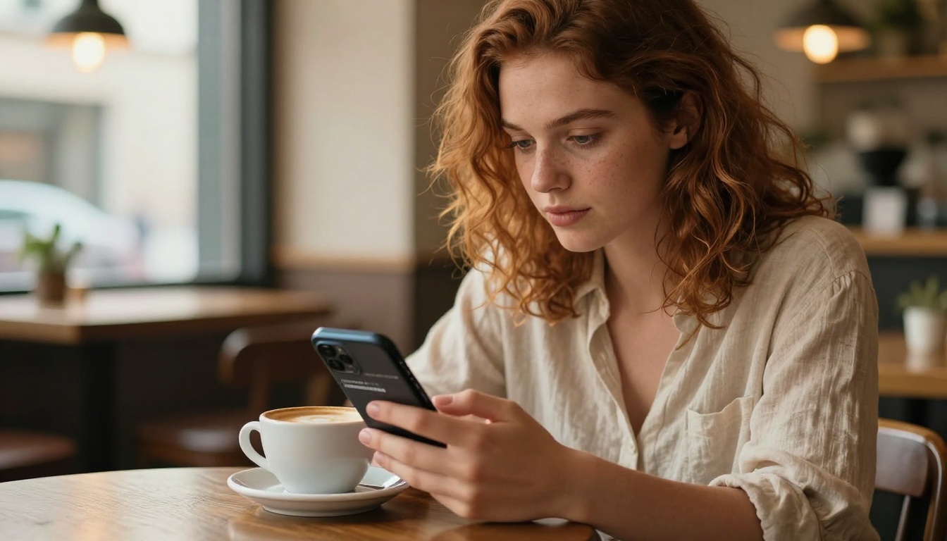 Young woman with auburn hair sharing a flipbook link on her phone while seated at a warm afternoon cafe
