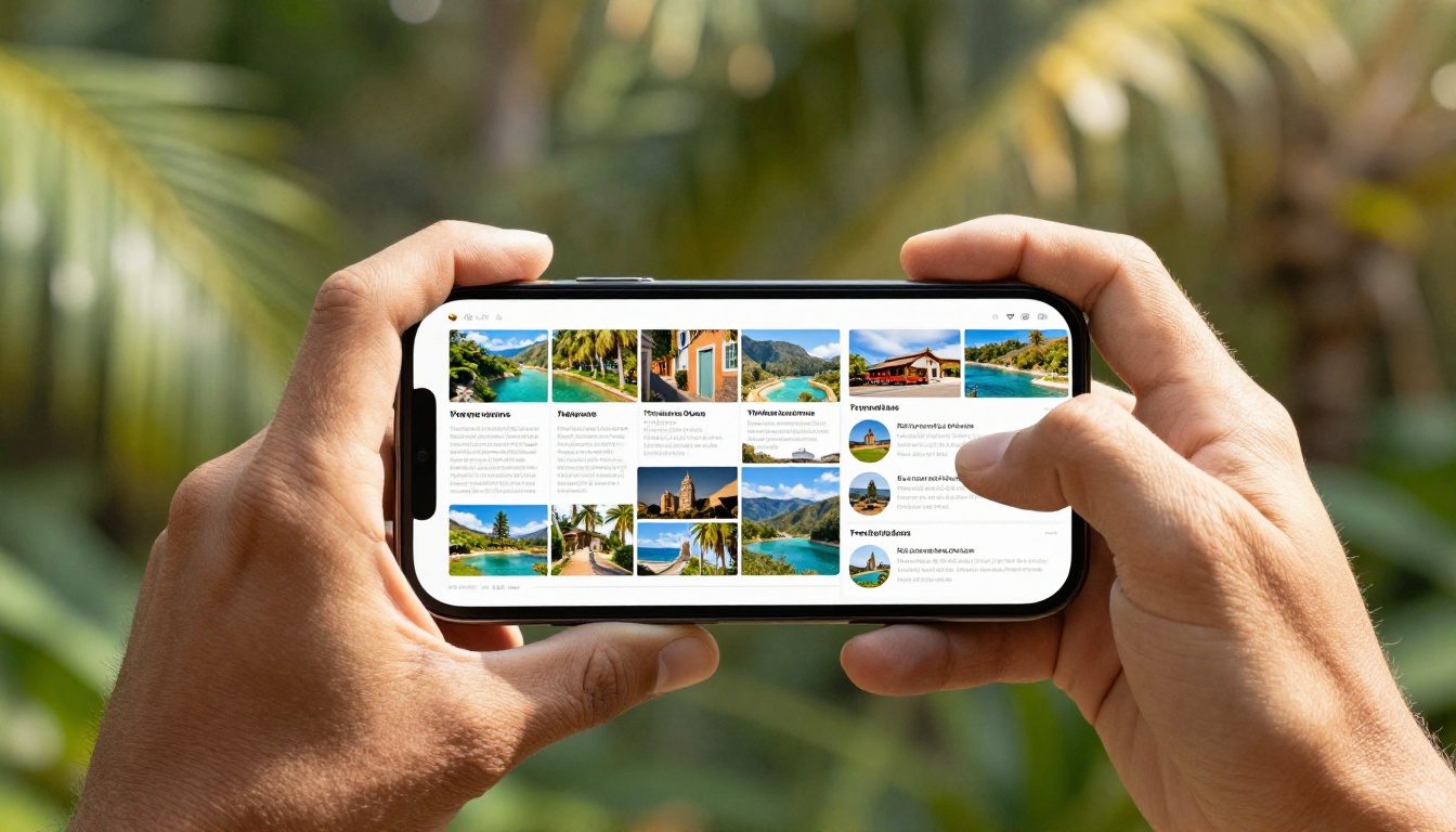Close-up of smartphone held in tanned hands displaying vibrant travel flipbook brochure with tropical garden bokeh background